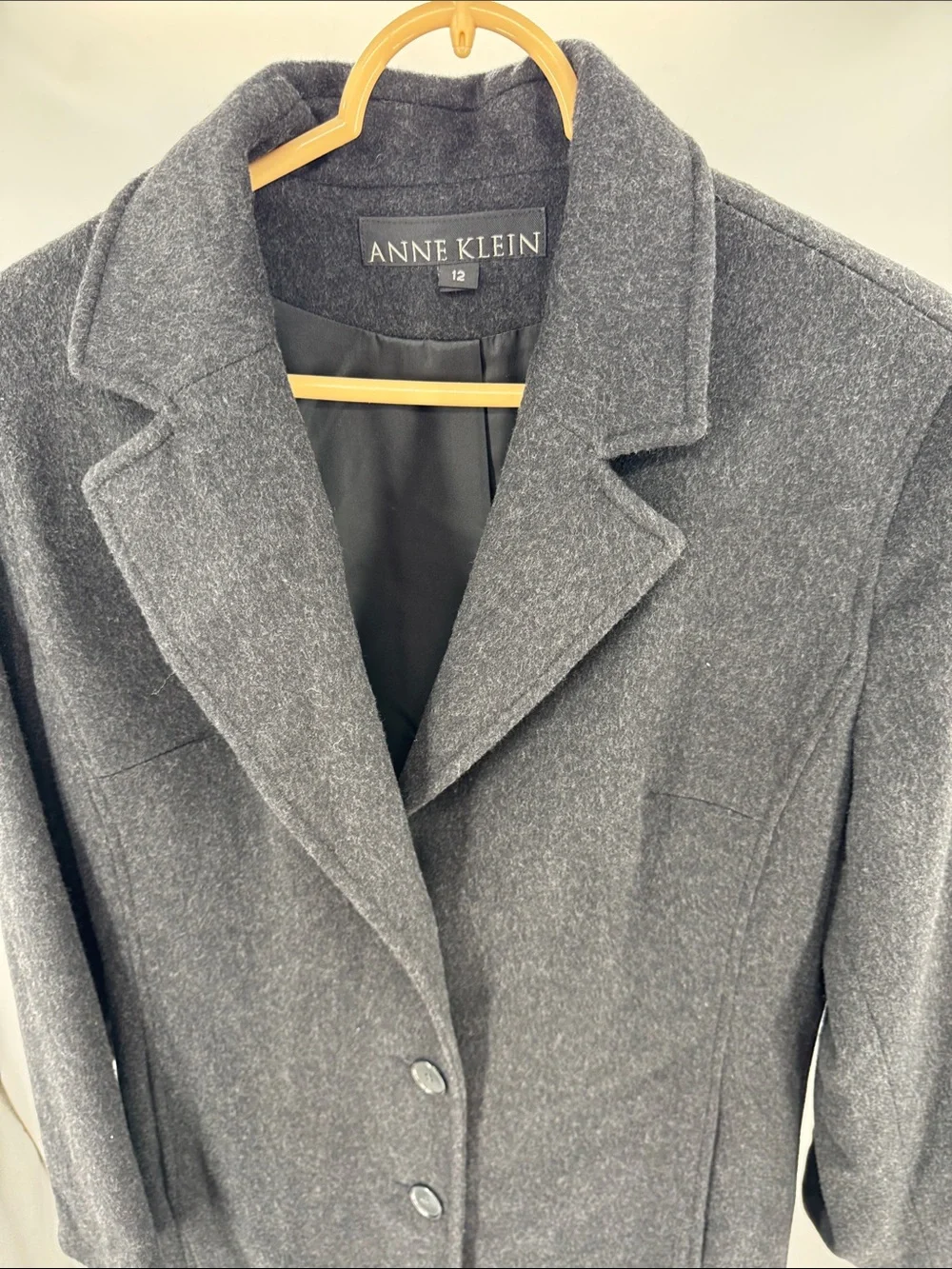 Anne Klein black dark Charcoal Gray Tailored Trench car Coat 100% wool winter